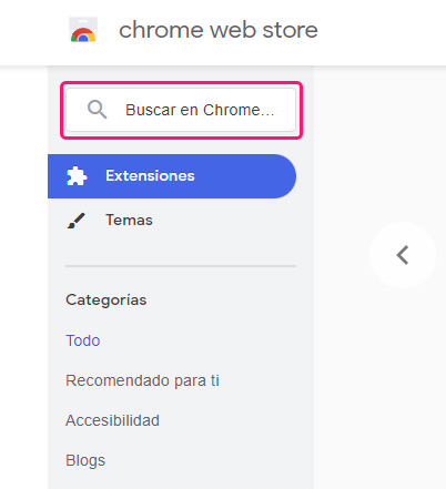 Captura de pantalla de menú de la tienda Chrome