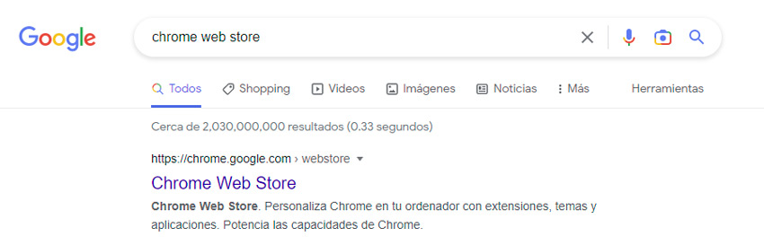 Screenshot de la vista de resultado de busqueda Chrome web Store en Google