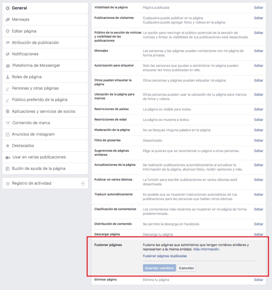 Captura de pantalla del primer paso para fusionar dos fan page de facebook
