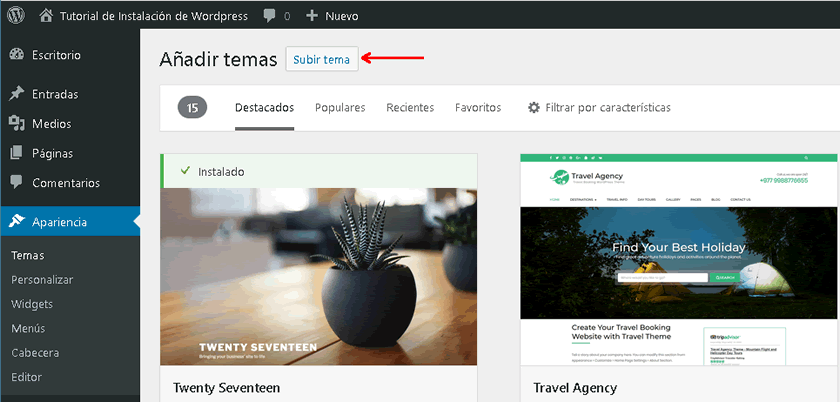 Captura de pantalla de la página añadir temas durante la instalación de un tema para WordPress